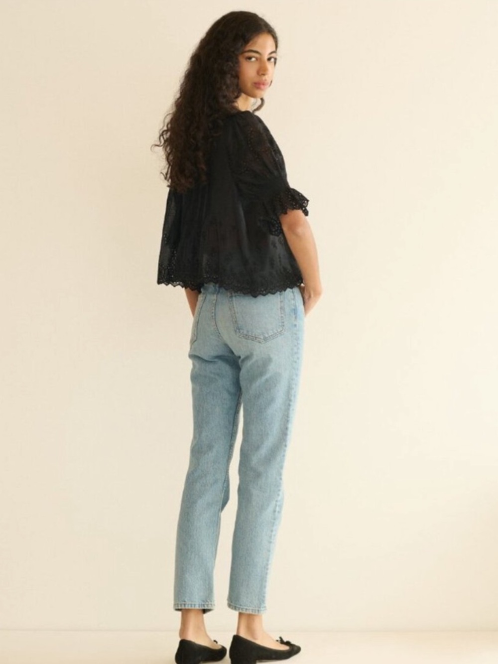 Doen Black Eyelet Ruffle Button-Front Top - Picture 3 of 14